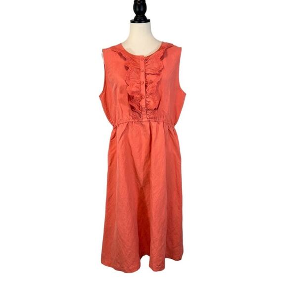 WinterSilks Coral Orange Eyelet Lace Ruffle Front Dress Linen Blend Size 14 - Picture 1 of 6